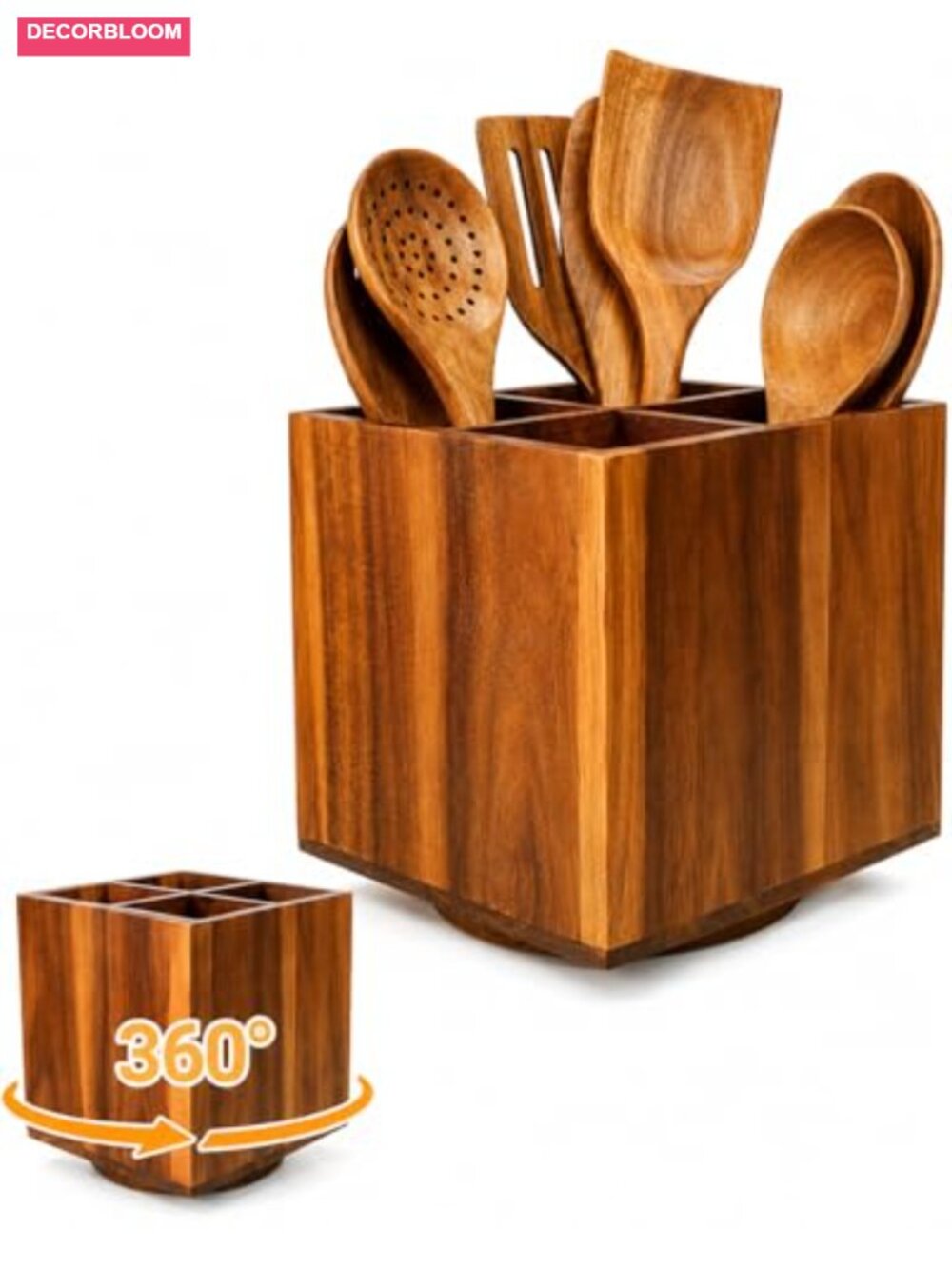 Acacia Wood Rotating Utensil Holder 4 Compartment Kitchen Counter Organizer